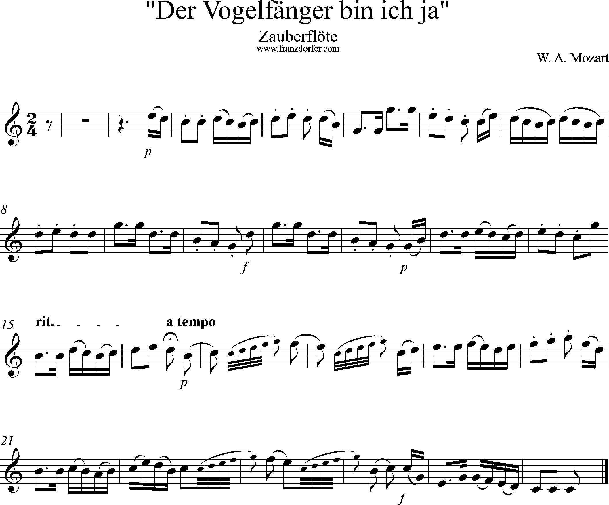 Uauberflöte, Vogelfängerlied, Solostimme, C-Dur